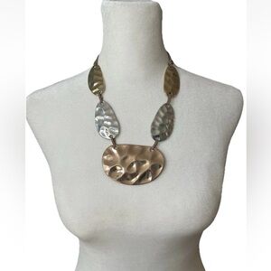 Statement Necklace Hammered Gold Silver Copper Tone Leather Corded Modernist